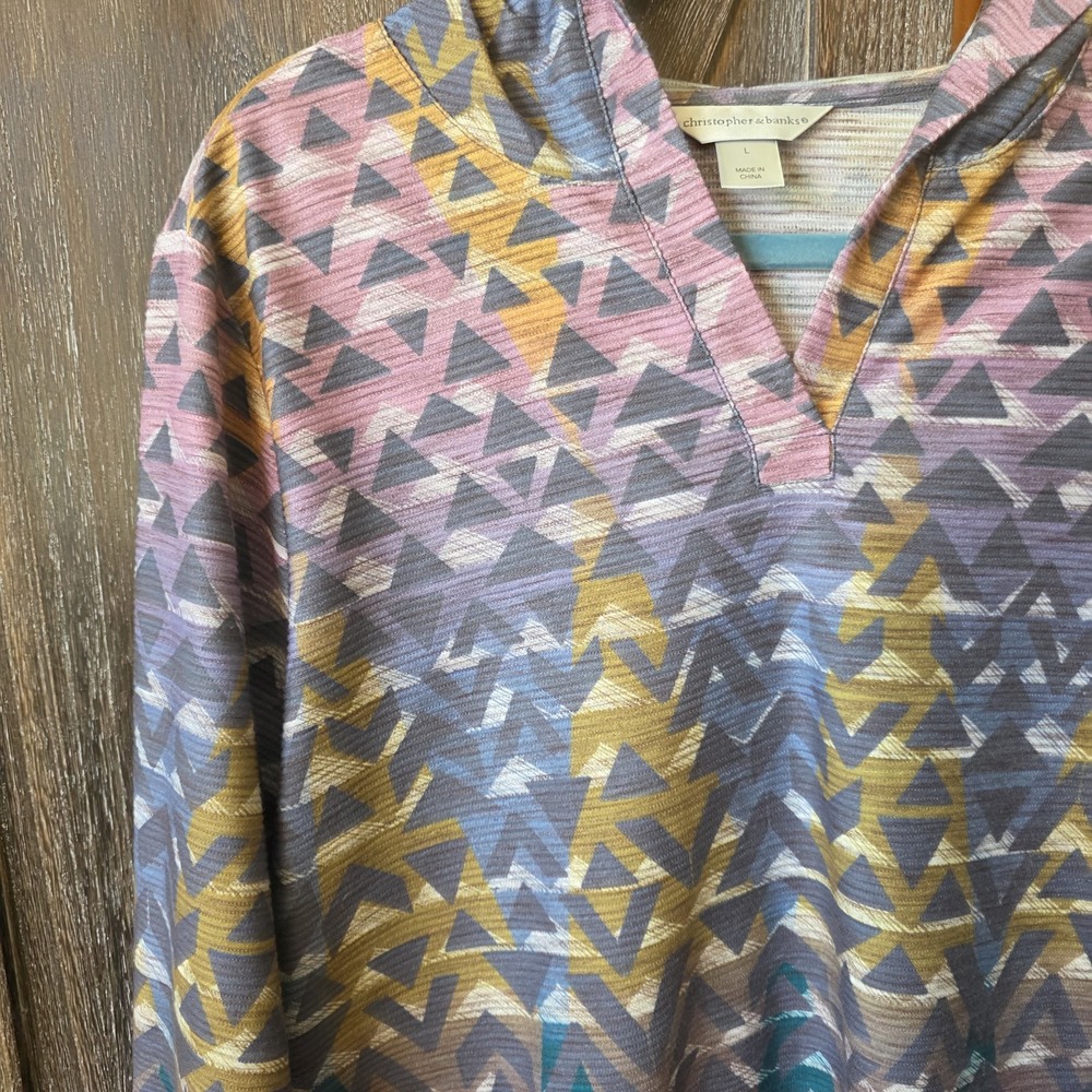 Christopher & Banks Shirt Women's Size L Multi Colored Geometric Hooded Pullover - Picture 2 of 6